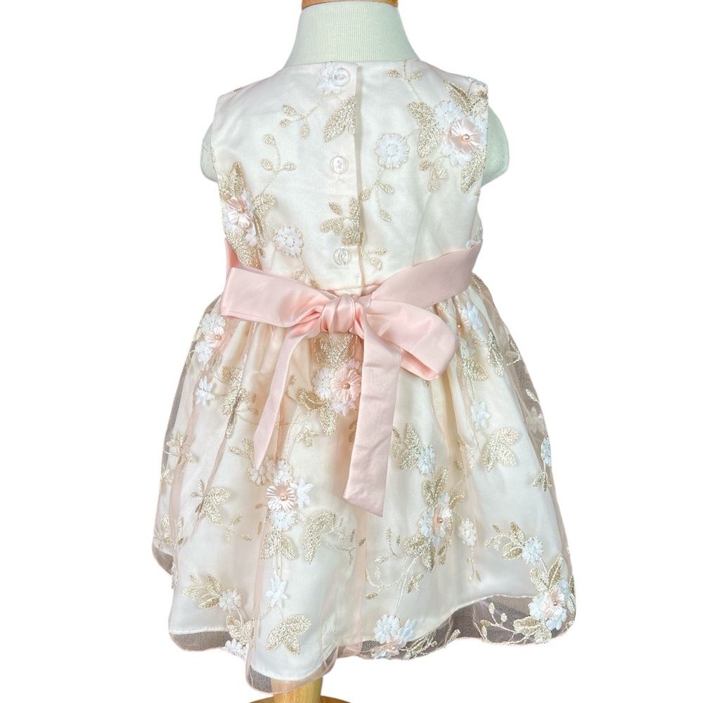 Rare Editions Cream and Blush Pink Peach Embroidered Overlay Dress 24 Months - Picture 2 of 4